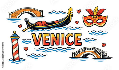 Vibrant venice icons with gondola, mask, and bridges on water background