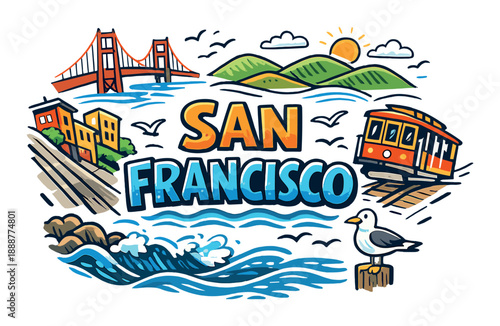 Colorful san francisco artwork featuring golden gate bridge and iconic landmarks