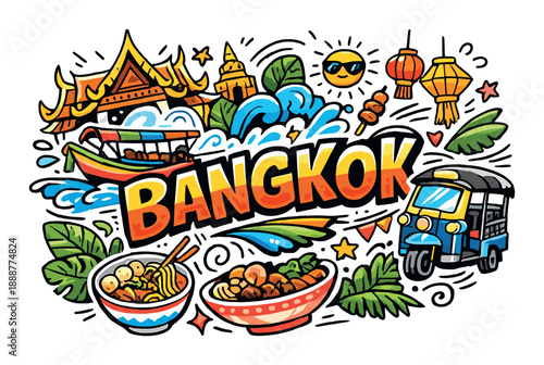 Colorful bangkok doodle with tuk-tuk and thai food elements