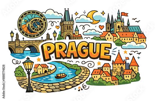 Colorful cartoon art of prague landmarks: castle, clock, river, architecture