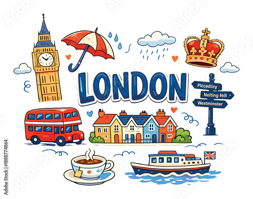 Colorful london icons: big ben, double-decker bus, and royal crown