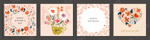 Pink floral greeting cards. Square templates with decorative flowers, hearts, ornate frame and copy spase. Suitable for Valentine’s Day, Happy Mother’s Day, Birthday, Wedding, Baby invitations.