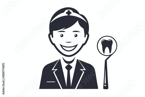 Stomatologist with Dental Probe Tool Outline Icon for Medical Apps