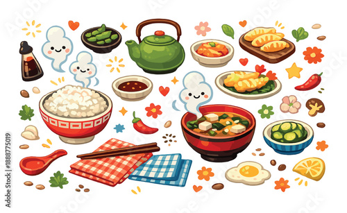 Colorful japanese cuisine illustration with sushi, rice, and miso soup