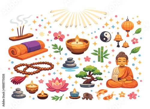 Colorful meditation scene with zen elements and symbols of peace and tranquility