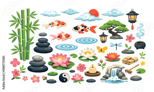 Colorful zen garden elements with koi fish, lotus flowers, and bamboo