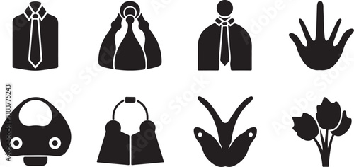 A collection of black silhouettes representing various fashion accessories and clothing items