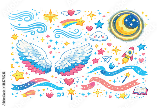 Colorful celestial doodle with wings, stars, moon, and cosmic elements