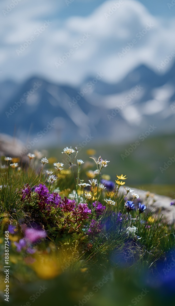 Obraz premium Vibrant alpine wildflowers bloom beneath majestic mountain peaks bathed in springtime light serenity