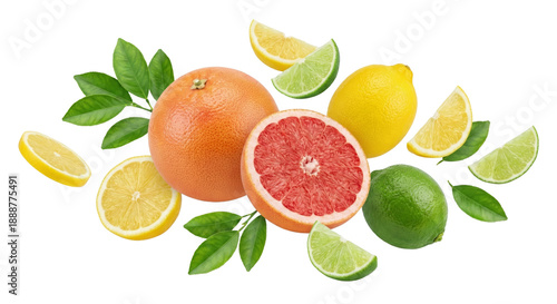 Fresh Citrus Fruits Assortment: Grapefruit, Lemons, and Limes with Leaves