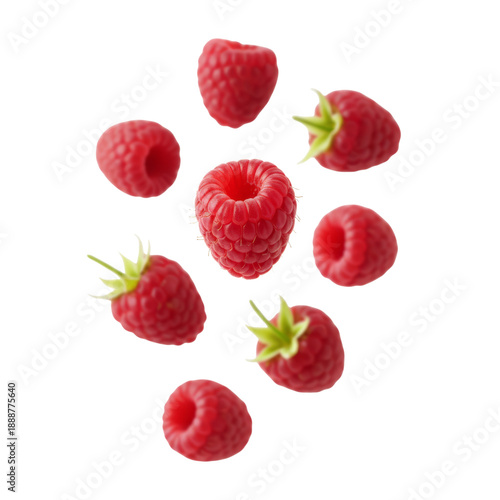 Fresh Raspberries Floating on White Background