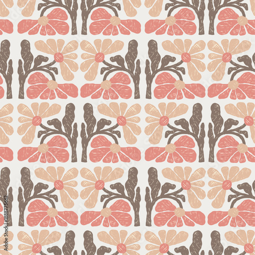 Floral Seamless Pattern with textured crayon hatching. Naive primitive organic botanical Flower Folk Tile Background.  Vector Illustration