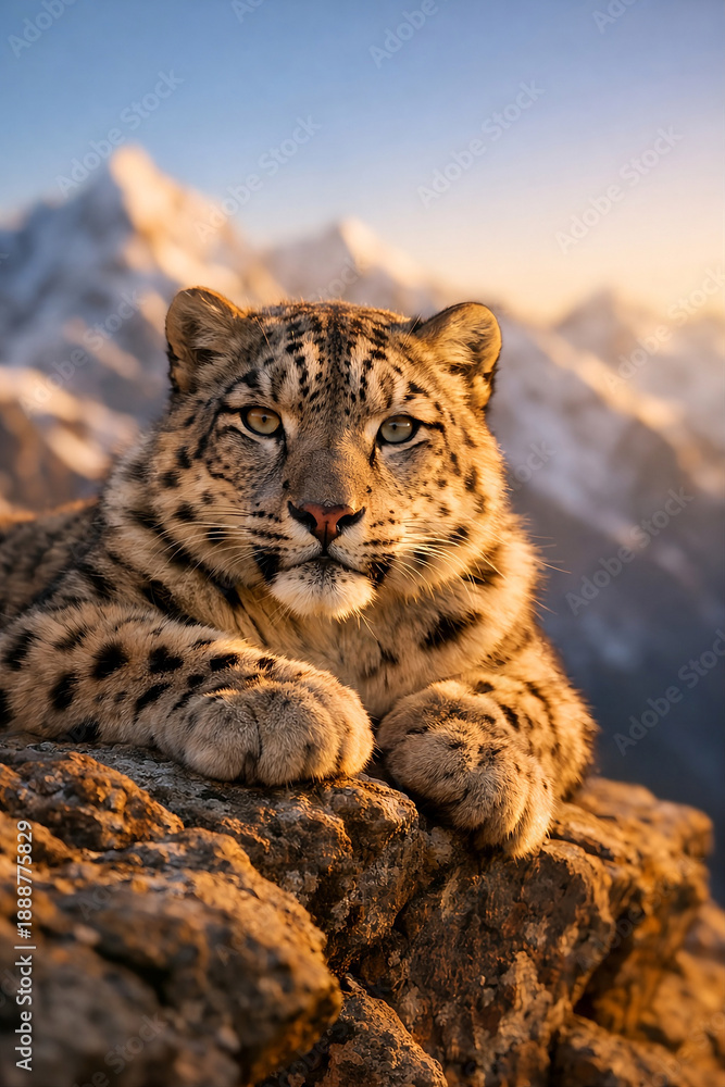 Fototapeta premium Majestic Snow Leopard Resting on a Rocky Cliff Edge at Sunset