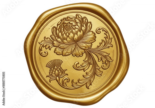 Gold seal with floral stamp flower isolated on a transparent background