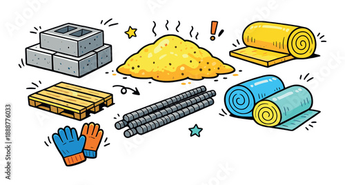 Construction materials: bricks, sand, rebar, insulation, pallet, gloves