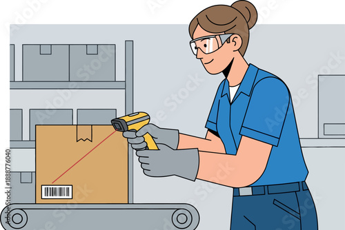 Warehouse worker scanning package barcode with handheld scanner