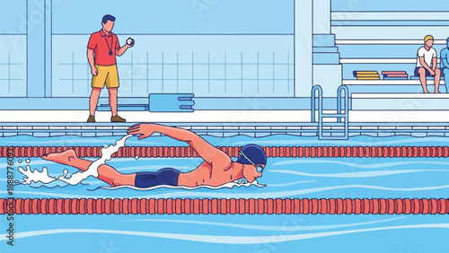 Indoor pool competition: swimmers race in lanes with coach supervising from the poolside.