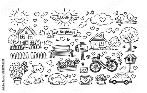 Whimsical neighborhood love doodles featuring pets, homes, and nature elements