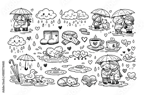 Whimsical rainy day doodles: umbrellas, clouds, and hearts
