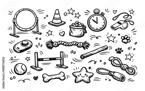Collection of hand-drawn dog training equipment and toys in black and white