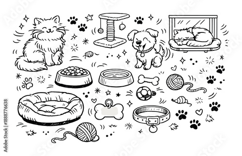 Playful pets and accessories in black and white illustration of cats and dogs