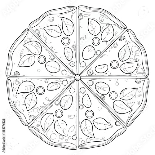 Detailed Line Art Illustration of a Margherita Pizza with Basil and Mozzarella for Menu Design