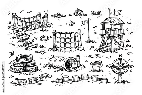 Hand-drawn vintage playground equipment sketch featuring rope bridges and wooden structures