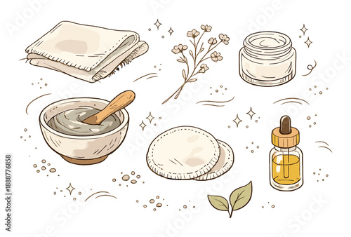 Natural skincare essentials: herbal cream, oil, cloth, pads, and plant elements