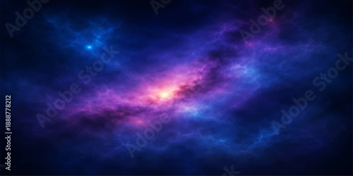 An abstract dark blue space background features a bright galaxy nebula amidst a stormy cloudscape of stars and celestial light