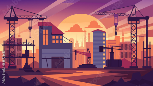 Sunset over a busy construction site Vector