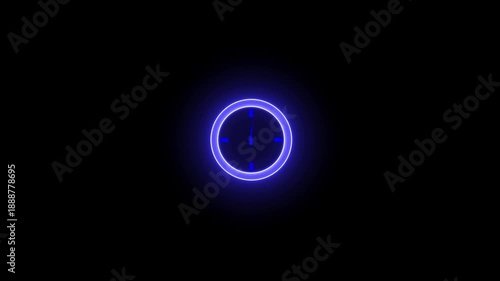 Glowing neon clock icon animation isolated on black background,Analog clock icon animation with neon line, neon Clock icon analog clock on the black background glowing neon clock animation icon,4k