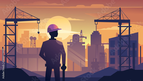 Worker observing construction site at sunset Vector