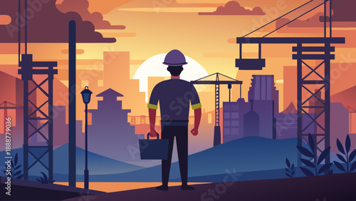 Construction worker at sunrise Vector