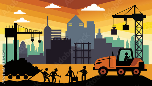 Construction site at sunset Vector