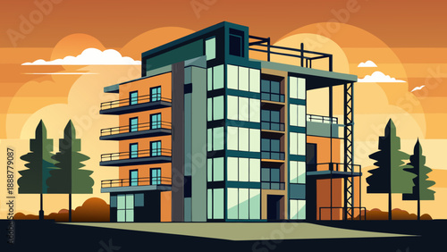 Modern apartment building at sunset Vector