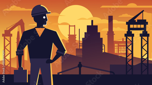 Worker observing industrial sunset Vector
