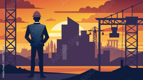 Construction worker overlooking a cityscape Vector
