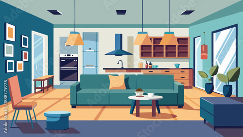 Modern open concept living room and kitchen Vector