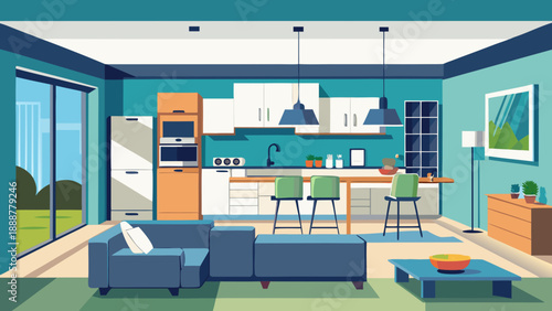 Modern open-concept kitchen and living room Vector