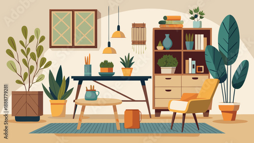 Cozy living room with plants and books Vector