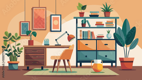 Cozy home office with plants and books Vector