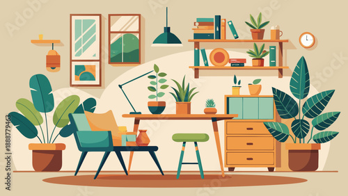 Cozy indoor living space with plants and books Vector
