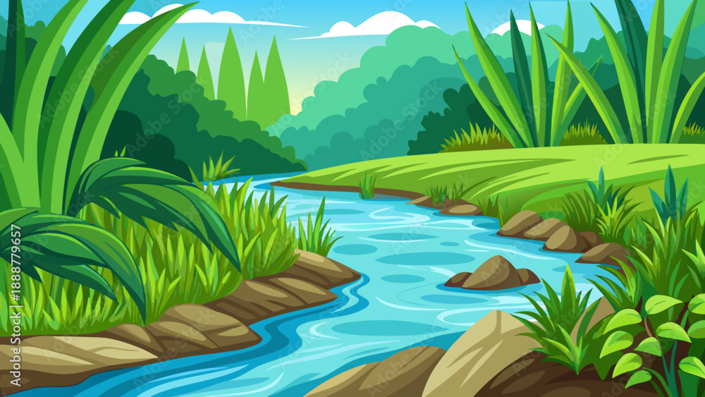 Fototapeta premium Serene river flowing through lush forest Vector