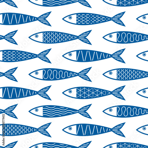 Seamless marine fish drawing pattern. Sea animal background for wallpaper decoration, banners, wrapping paper, seafood restaurant. Vector illustration
