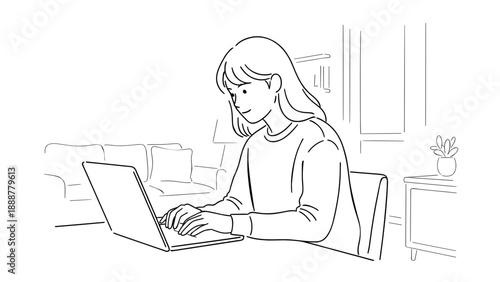 Focused young woman working productively on her laptop from a comfortable home setting, illustrating modern remote work, online education, or personal digital tasks with dedication and concentration