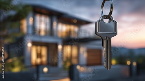 House purchase concept, house at dusk with hanging key in focus, representing home buying, ownership transfer, mortgage closing, and real estate market activity.