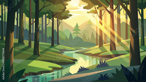 Serene forest river at dawn Vector