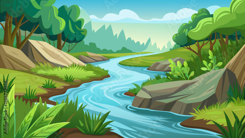 Serene forest river scene Vector