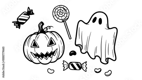 Halloween vector illustrations of a pumpkin, ghost, and candy with a festive and spooky theme for holiday decorations and crafts