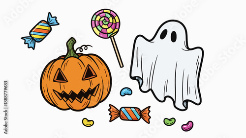 Vibrant Halloween graphic featuring a friendly ghost, smiling carved pumpkin, assorted colorful candies, and a playful lollipop for festive autumn designs and holiday decorations